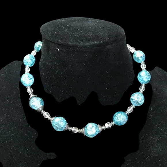 Turquoise Blue Crackle Beads Vintage Necklace 50s 60s - Picture 1 of 10
